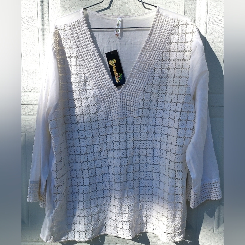 White Crochet Lace Linen V-Neck Top